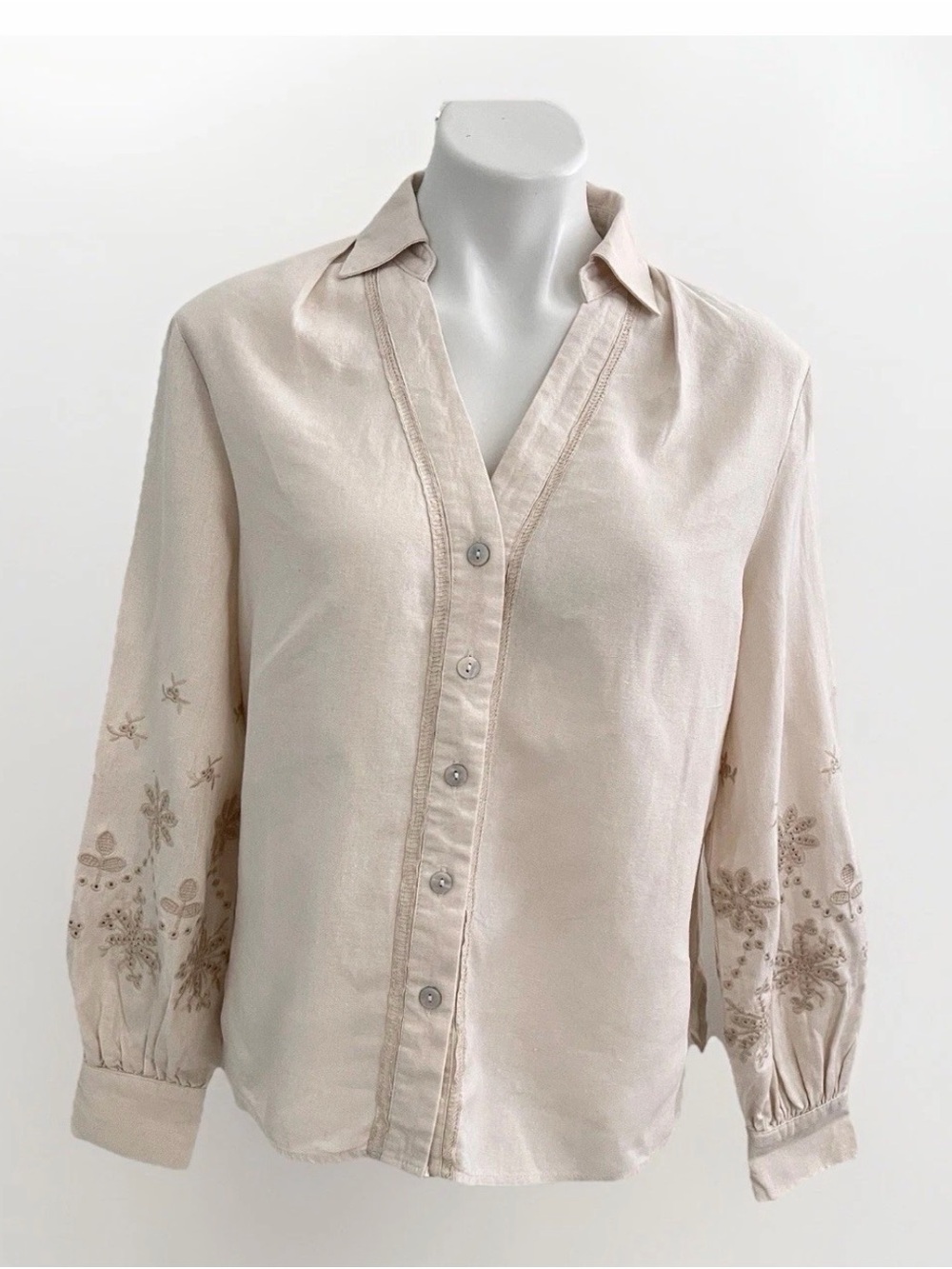 NEW TAHARI Embroidery Linen Blouse top Small Beige Floral long Sleeves Boho